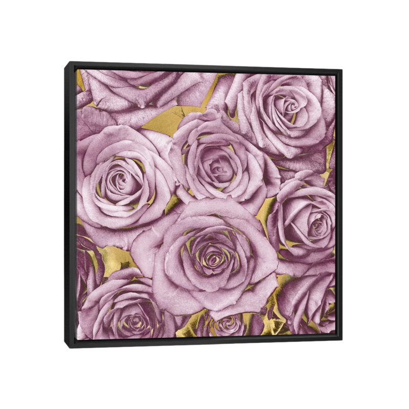 «Roses - Amethyst on Gold», impression sur toile, H 18 po x l 18 po x P 1,5 po, Toile avec cadre noir, Pas de tapis