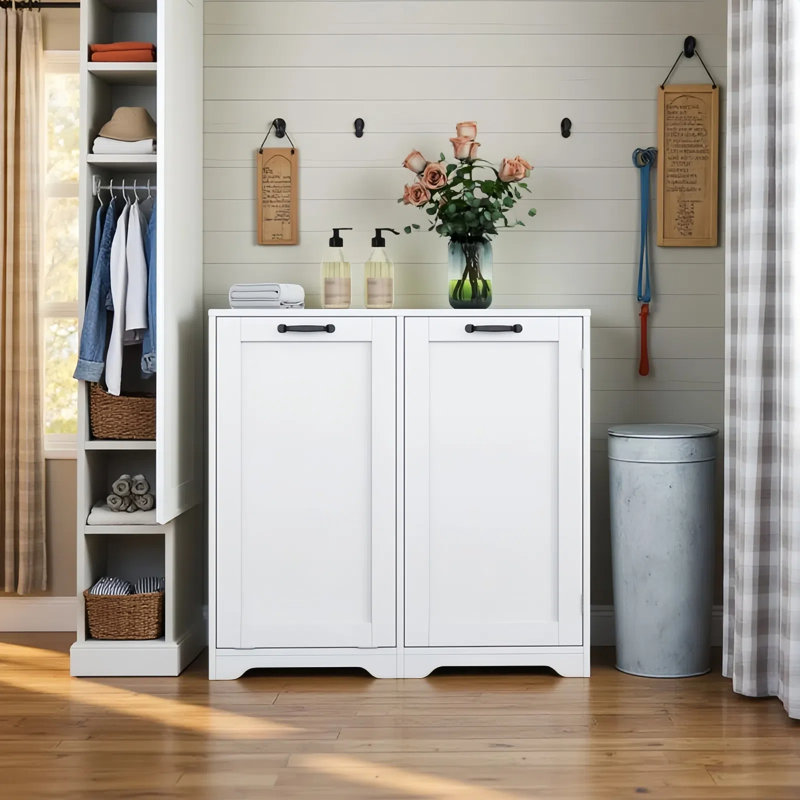 Freestanding Laundry Cabinet With Tilt-Out Hamper & Adjustable Shelf,Door Shelve Design