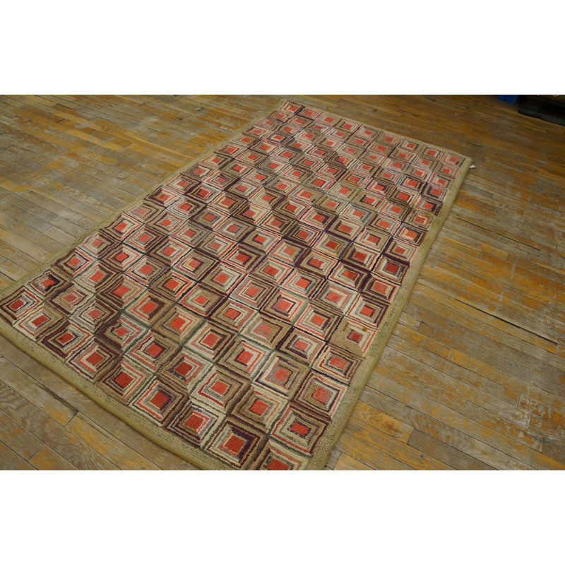 Antique American Folk Art Geometric Log Cabin Squares Design Hooked Rug