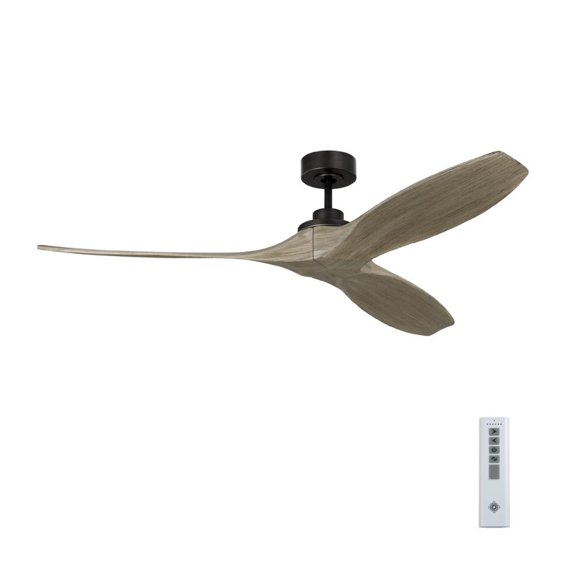 Collins 60-inch indoor/outdoor smart ceiling fan in midnight black finish with natural honey blades, handheld remote control, and compatible with Alexa, Google Home, and Bond Home Action from Visual Comfort Fan