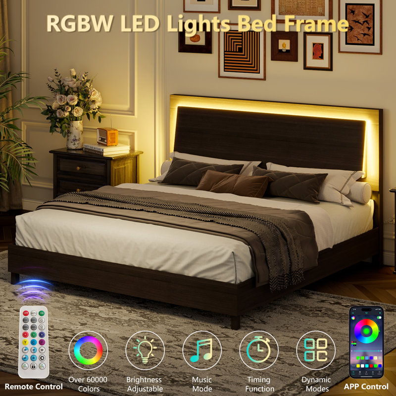 Carnbrock 47" Headboard Queen Platform Bed with LED Lights, Black, Black, Queen