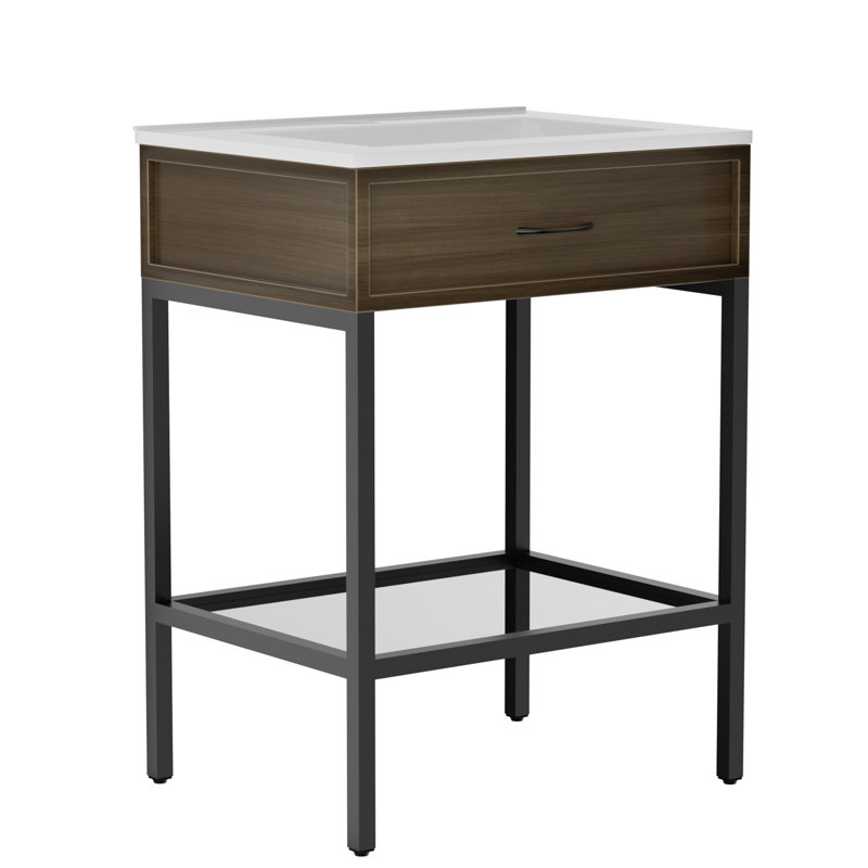 24" Bathroom Vanity With Resin Sink,Stainless Steel Frame With Tempered Glass Open Shelf, Black