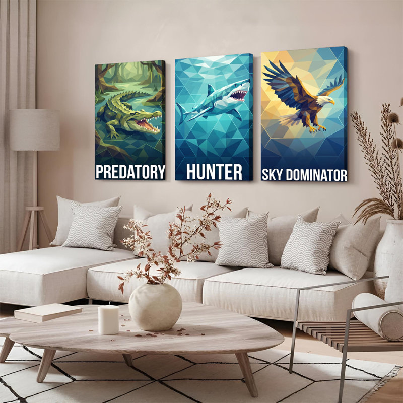 Predatory Crocodile Hunter Shark Sky Dominator Eagle Geometric Polygonal Style Canvas Wrapped Wall Art Oil Painting Print Set Of 3