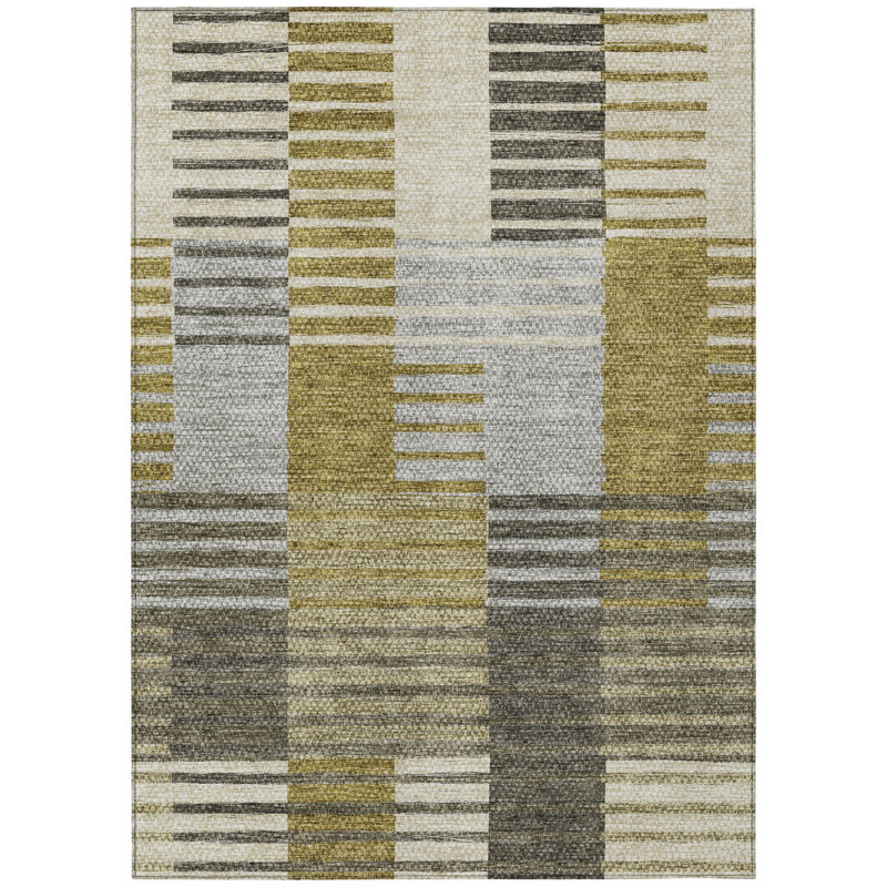 3' X 5' Brown Gold And Taupe Striped Washable Indoor Outdoor Area Rug