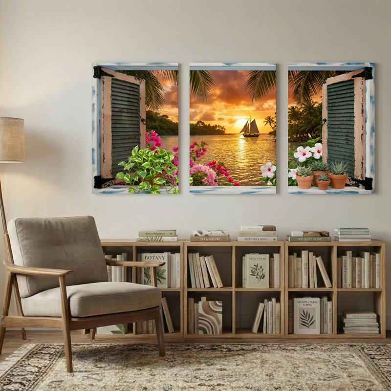 Paysage et nature, coucher de soleil tropical, voilier, fenêtre, fleurs, H 36 po x l 72 po