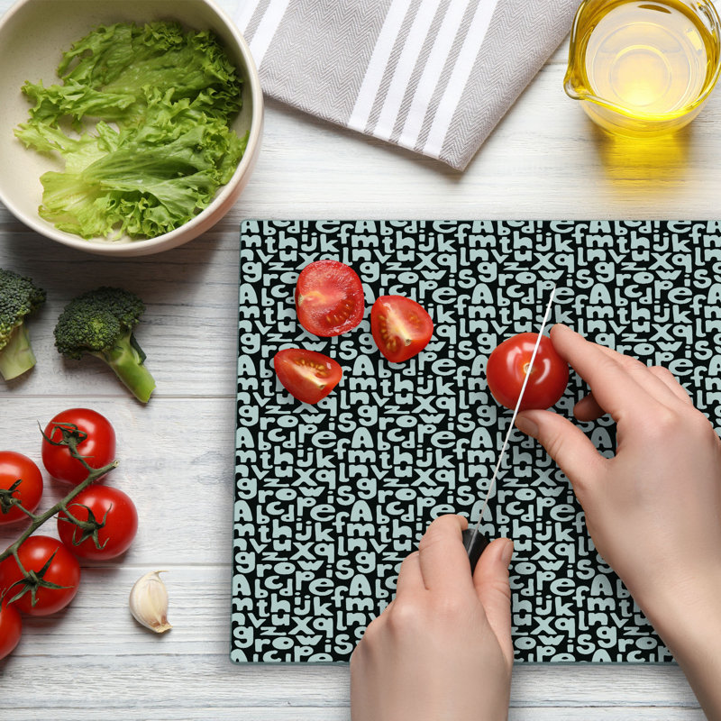 Ambesonne Letters Cutting Board Large Size Cartoon Hand Drawn Alphabet White and Charcoal Grey
