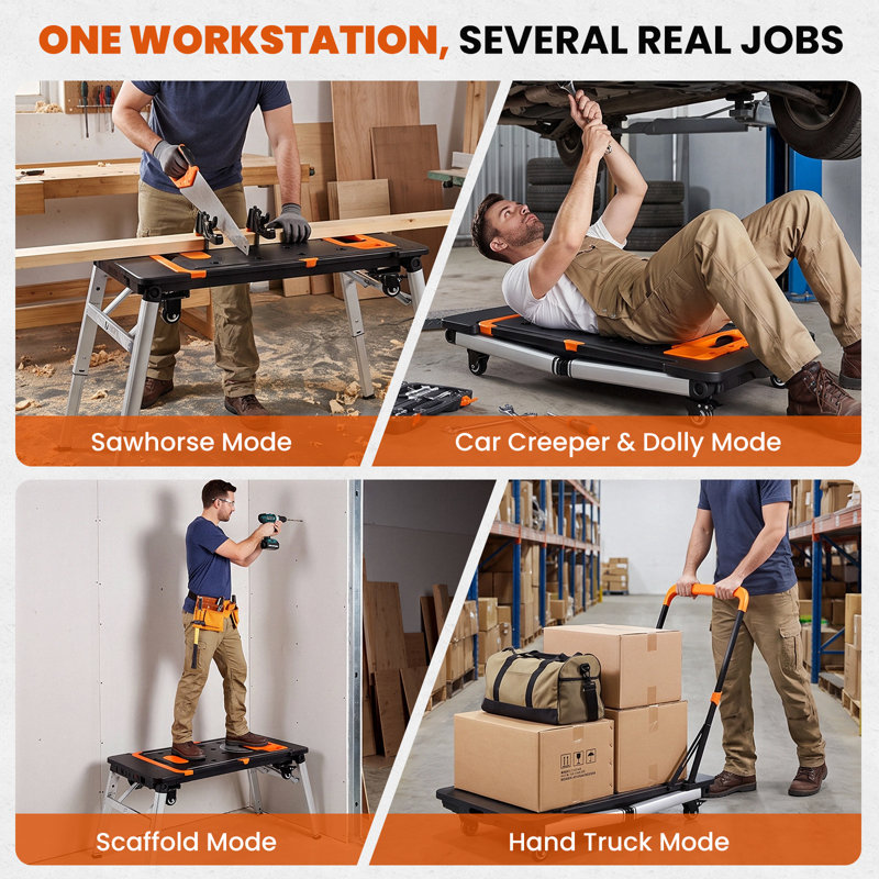 7-in-1 Multifunctional Folding Work Table, Portable Adjustable Workbench for Garage/Home, as Sawhorse, Scaffold, Platform, Car Creeper, Hand Truck with Wheels