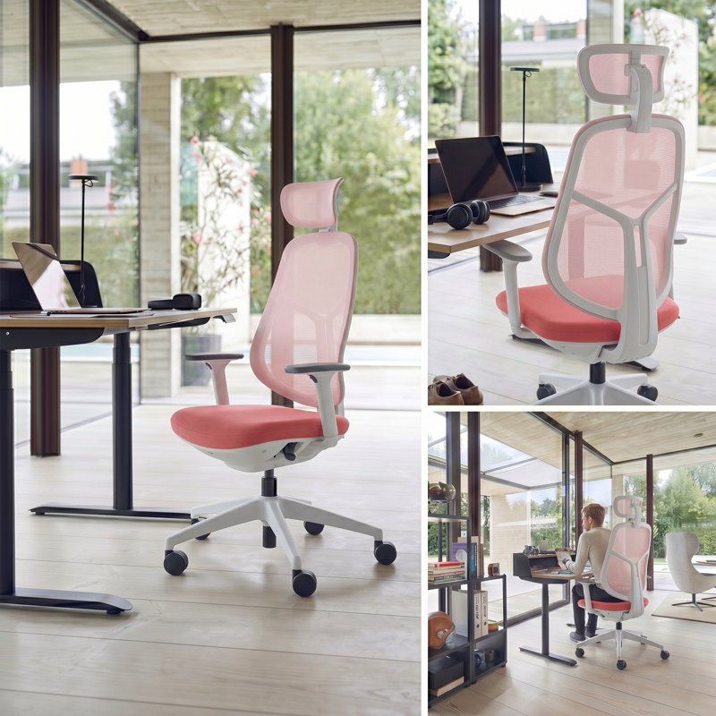 Ergonomic High-Back Office Chair with Adjustable Headrest, Breathable Mesh Back & Comfy Cushion for Long Working Hours, Pink