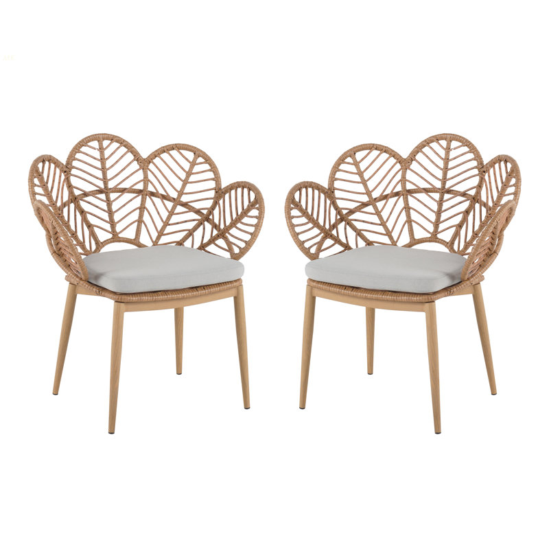 Kirk Outdoor Wicker Peacock Shape Papasan Style Chair, Teak Finished Leg, Light Brown Faux Rattan And Beige Cushion, Set Of 2