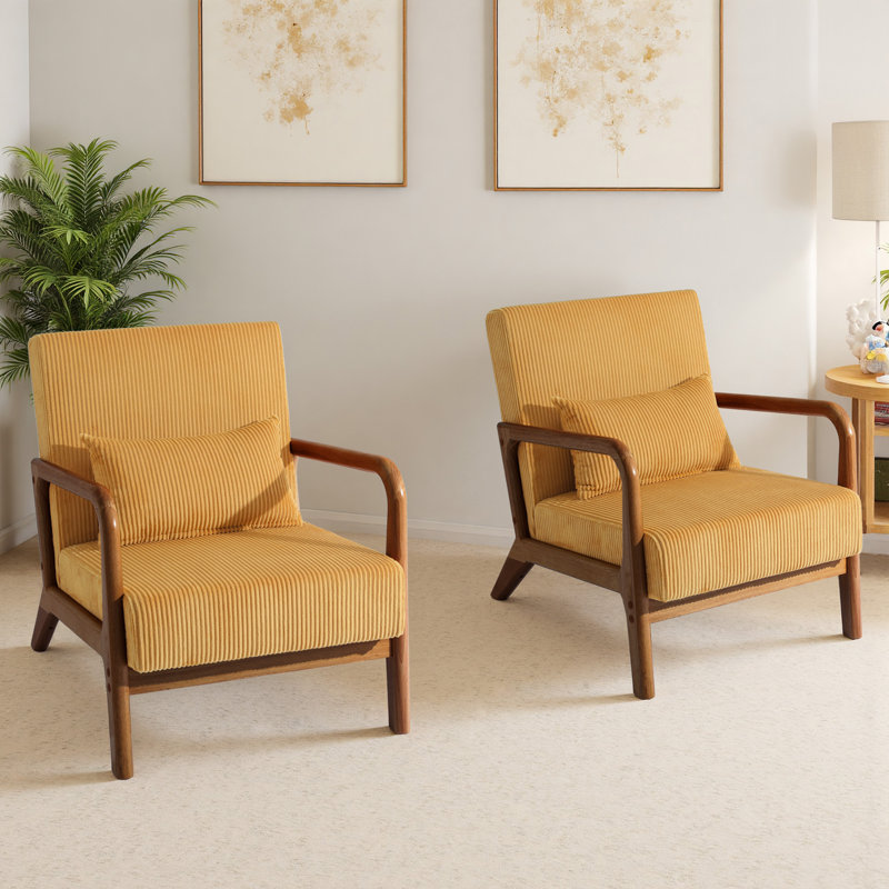 Jyrin Mid Century Upholstered Orange Corduroy Solid Wood Accent Chair with an Extra Pillow, Dark Brown Wood, Orange Corduroy
