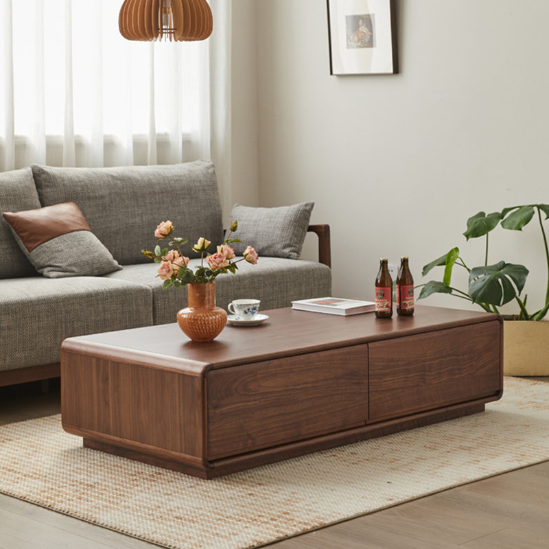 Modern rectangular solid wood coffee table, 13.8" H x 55.1" L x 27.6" W