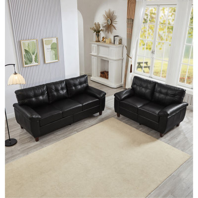 2 Pieces Sofa Modern Design Faux Leather 3 Seater & Loveseat,Living Room Sofa with Storage,Big Armrest Sofa,Upholstered Breathable PU Leather Sofa,Bla