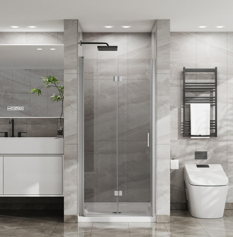Porte de douche pliante en verre trempé sans cadre 34 po x 72 po 1/4 po en verre trempé transparent pivotant, pliable, Chrome