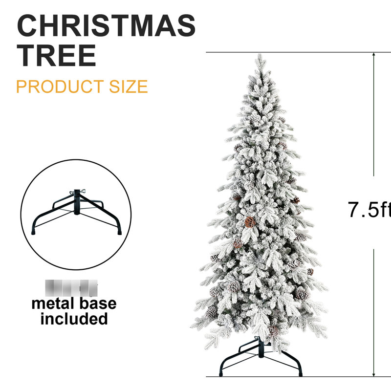 Arbre de Noël / arbre de Noël 7,5 pi avec 40 branches de pin naturel, 1424 pointes, conception d'espace, branches articulées, support en métal stable, aspect enneigé réaliste, idéal pour les petits espaces, entrées, assemblage facile