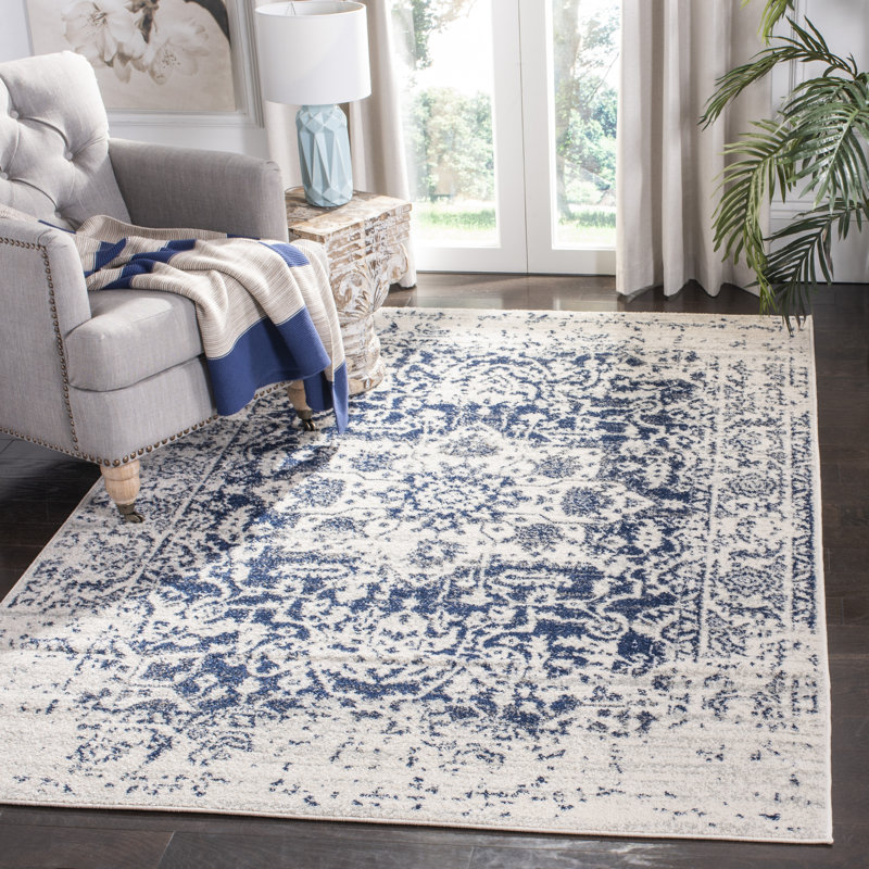 Tapis oriental iranien crème / bleu marine, Rectangle 9 pi x 12 pi