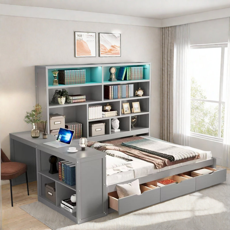 Lit de jour en bois avec 3 tiroirs, bureau, tablettes ouvertes, lumières et station de charge, Gris