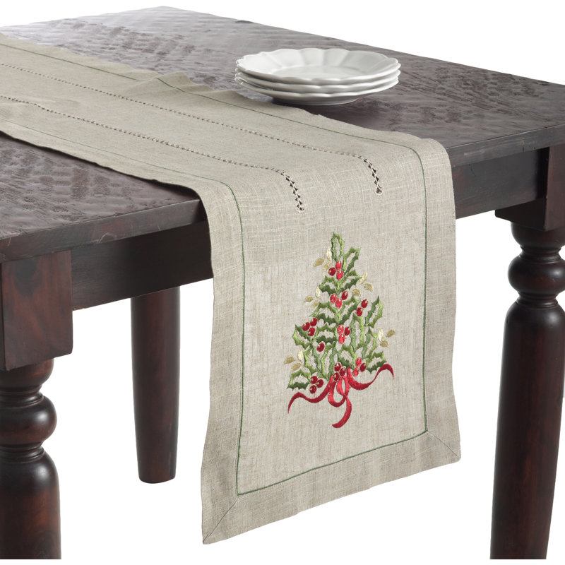 Chemin de table en lin à motif floral d'arbre de Noël Ayverie, 72 po x 16 po
