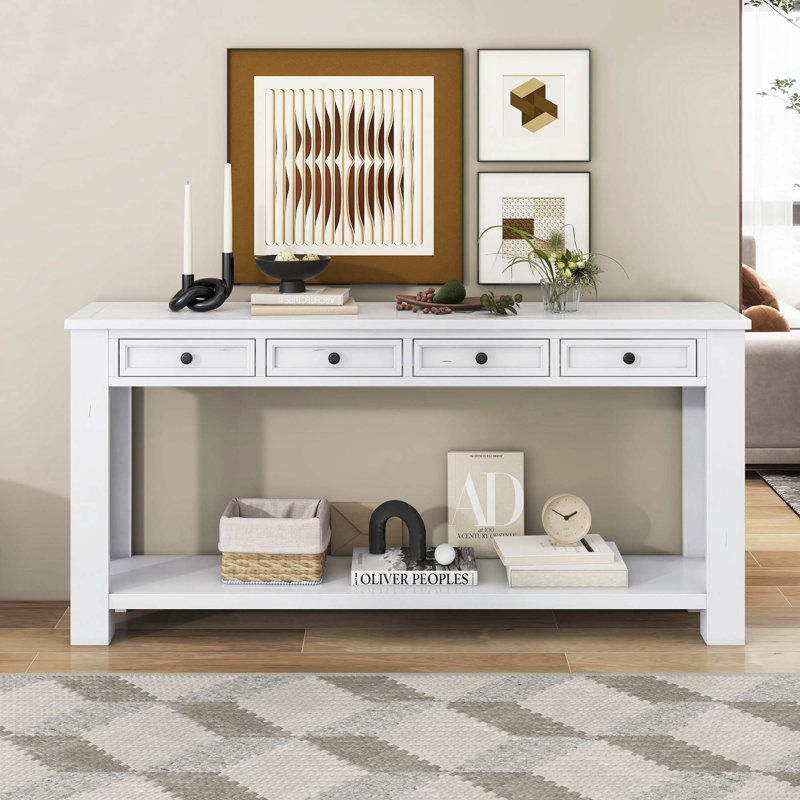 Console en bois avec tiroirs, tablette inférieure, Blanc antique