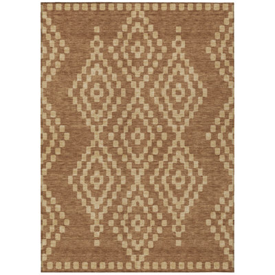 Tapis intérieur / extérieur géométrique lavable 5 pi x 8 pi brun et beige