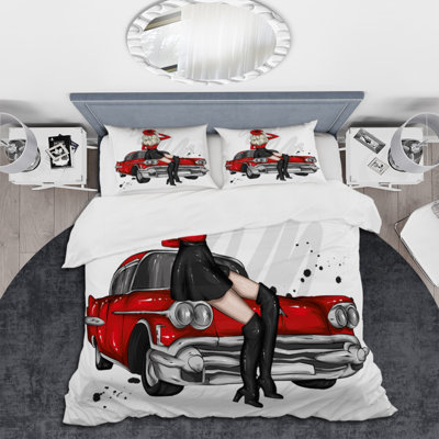 Young Woman On A Retro Car I - Modern Duvet Cover Set - Microfiber Polyester