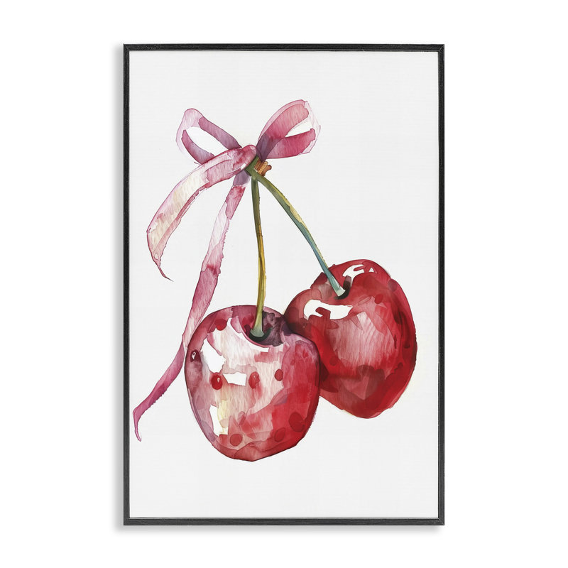 Cerises attachées en ruban, estampe numérique, design par LSR Design Studio, Giclée encadrée noir minuit, H 24 po x l 16 po