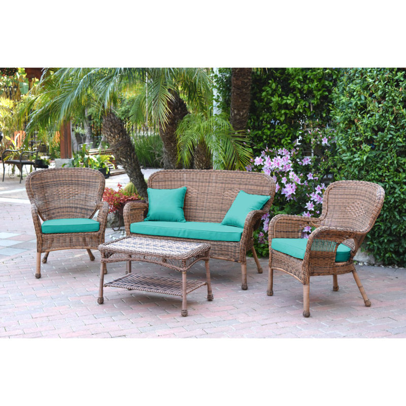 Bellas 4 Piece Sofa Set with Cushions, Honey, Turquoise