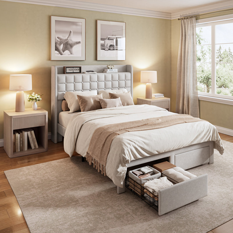 Ensemble de chambre à coucher 3 pièces avec lit plateforme et 2 tables de chevet cannelées, Beige, Full