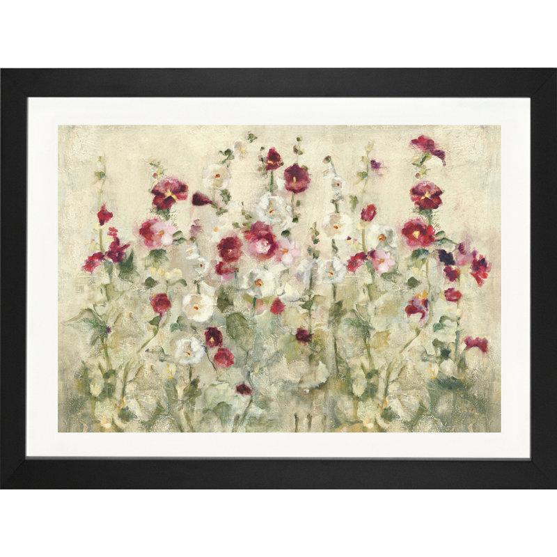 " Hollyhocks Row Cool " by Cheri Blum, 32" H x 48" W x 1.5" D, Black Framed Canvas