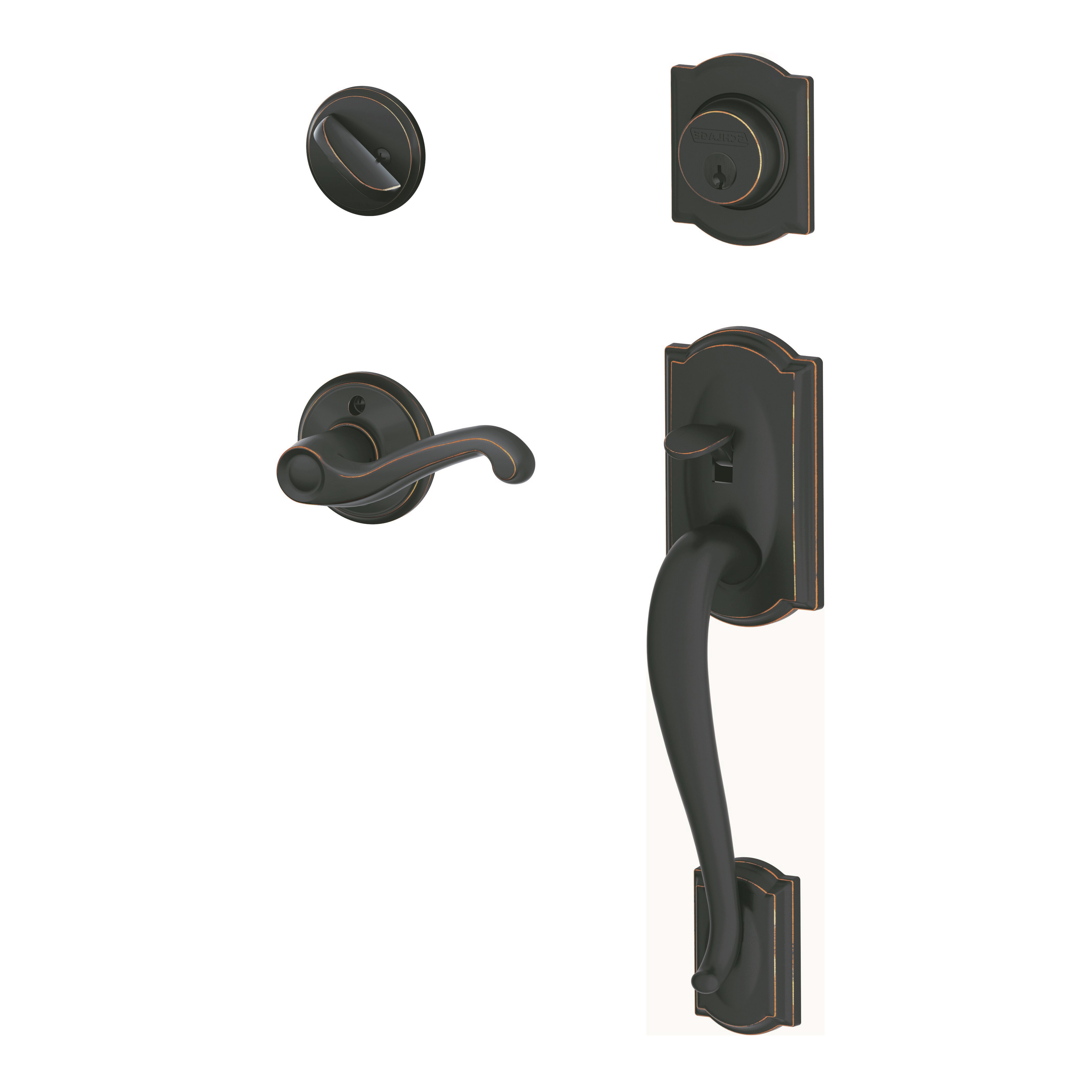 Schlage Camelot Handleset with Deadbolt and Flair Door Lever and