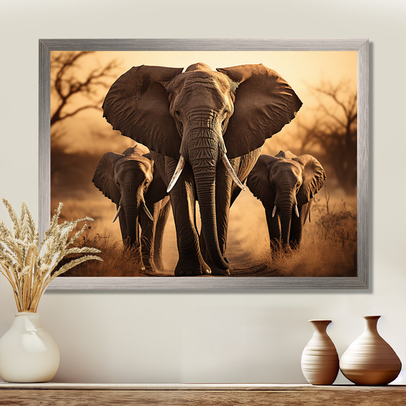 «Elephant Shadows Of Serenity I», art sur toile éléphant, H 16 po x l 32 po x P 1 po, Cadre flottant blanc