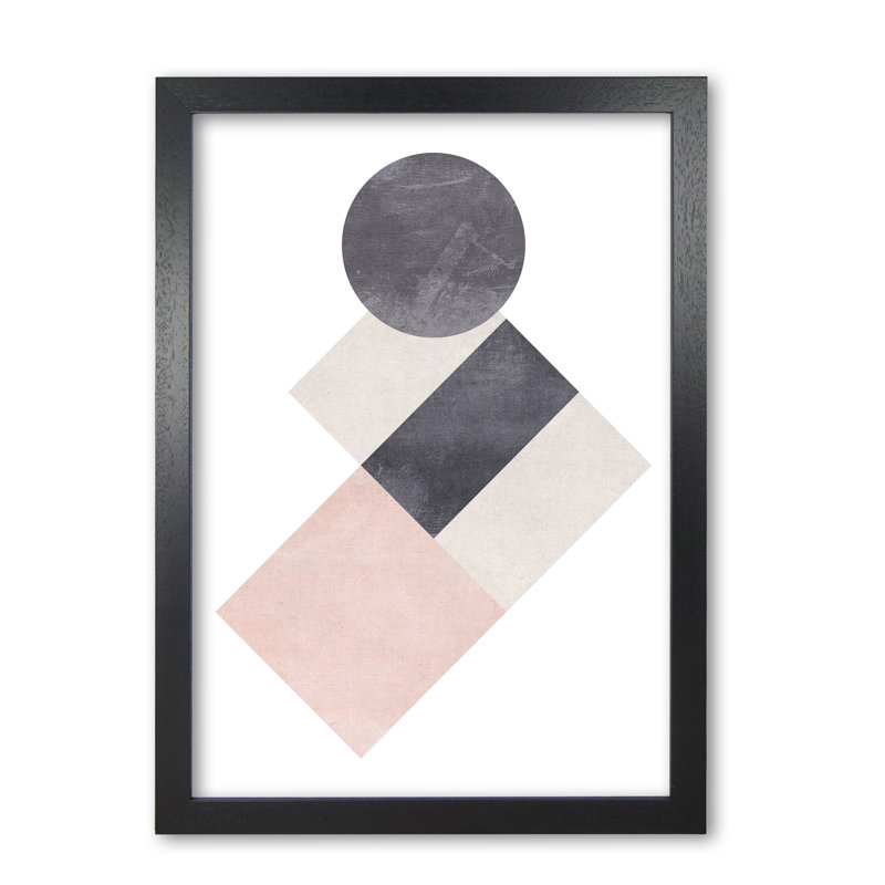 Cotton, Pink And Grey Abstract Squares And Circle - Print, Black Grain Frame, 85 cm H x 60 cm W x 5 cm D