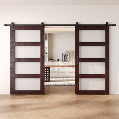 Homacer Red Mahogany Double 32in x 80in 4-Lite Glass Design Unassembled & Finished Barn Doors with Non-Bypass Installation Hardware Kit, 11ft track, interior use only