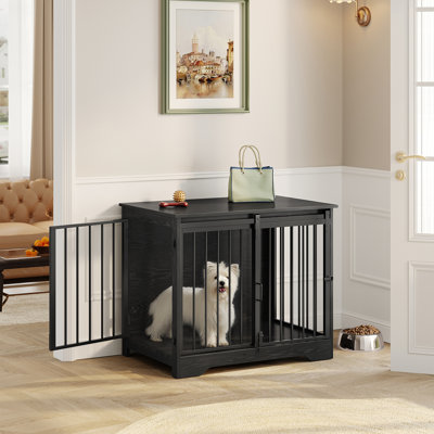 Dog Crate Furniture, Double Door Wooden Dog Crate with Barn Door, Indoor Kennel, End Side Table Animal Crates for Small Medium Large Dogs, Anti-Chew Anti-Escape