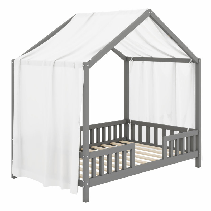 Kids House Shape Bed Frame with Roof, Montessori Floor Bed with Canopy, Twin