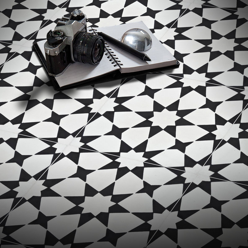 Medina 8" x 8" Cement Patterned Wall & Floor Tile, White/Black