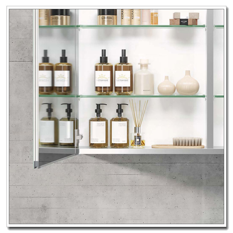 Pharmacie en aluminium 30 po x 26 po avec miroir: grand rangement et charnière à fermeture douce
