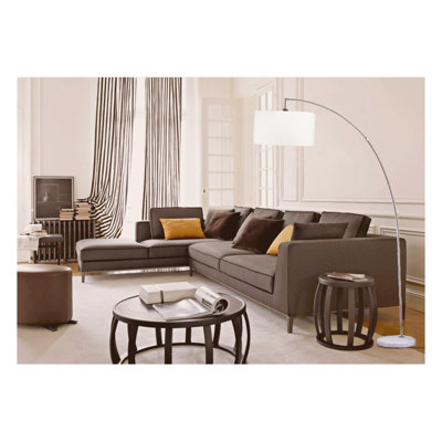 78" Brushed Nickel Arch Floor Lamp with White Marble Base & Adjustable Arm, White Drum Shade for Living Room Reading