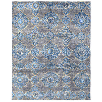 Tapis unique bleu / bleu céruléen / jaune 8 pi 2 po x 10 pi 2 po