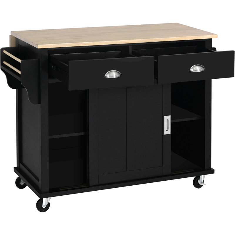 Buccigross 52.2'' Wide Rolling,with Rubber wood Drop-Leaf Countertop, Concealed sliding barn door adjustable height,Kitchen Island on 4 Wheels with Storage Cabinet and 2 Drawers,island,coffee cart