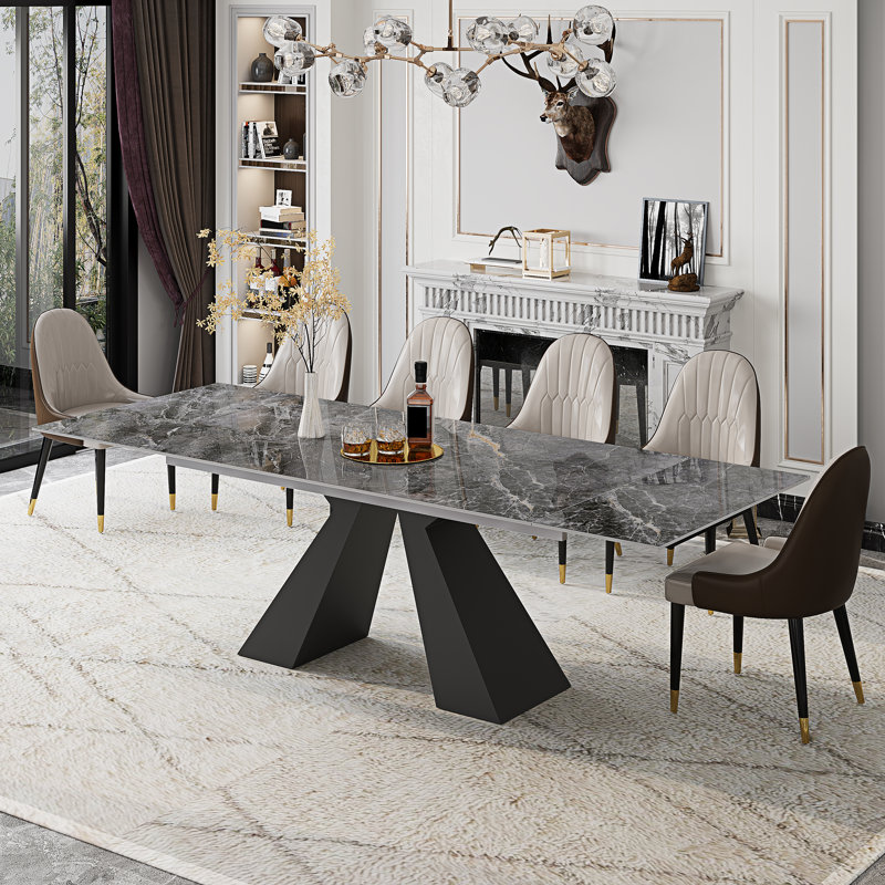 63'' to 94.5” Extendable Dining Table For 8-10 with Sintered Stone Tabletop and Metal Base, Bonis Gray