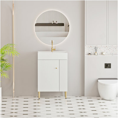 Meuble-lavabo à tablettes ouvertes de 21,6 po avec lavabo en céramique et porte à fermeture douce, armoire de rangement à tablettes ouvertes sur le côté droit, assemblage requis, blanc