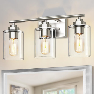 Luminaire de salle de bain moderne à DEL à 3 lumières à intensité variable avec finition brossée et verre bullé cristal