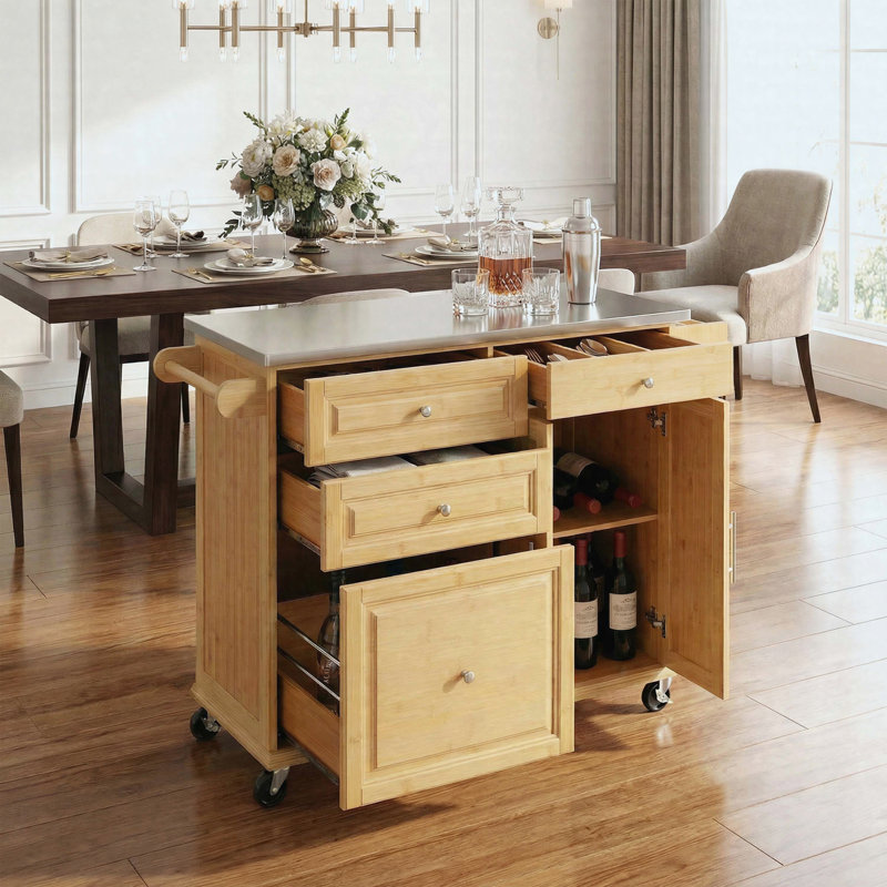 Îlot de cuisine intérieur en bambou avec plateau en acier inoxydable - Chariot mobile avec tiroirs, armoire et porte-serviettes pour la salle à manger et le bar