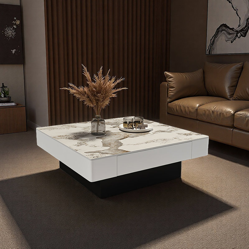Modern square granite slab coffee table, 13.8" H x 27.6" L x 27.6" W, White