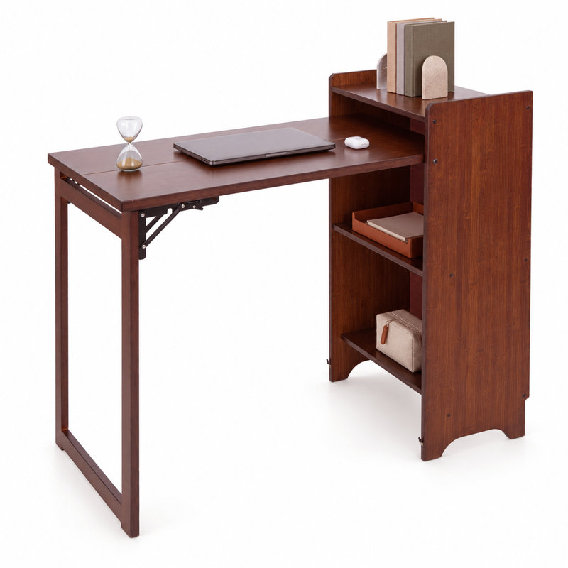 Bureau pliant en bambou pour petits espaces, bureau dissimulé avec étagère de rangement, bureau d'ordinateur pliable pour chambre ou bureau à domicile, table pliante de style milieu du siècle