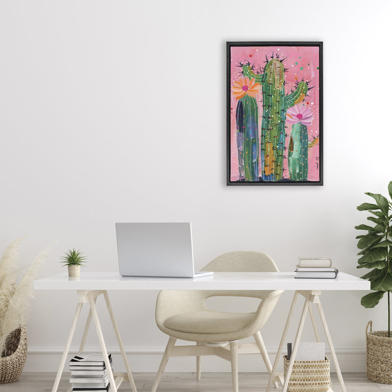 Cactus créatif sur cadre flottant rose, design par LSR Design Studio, Cadre flottant noir de jais, H 25 po x l 17 po
