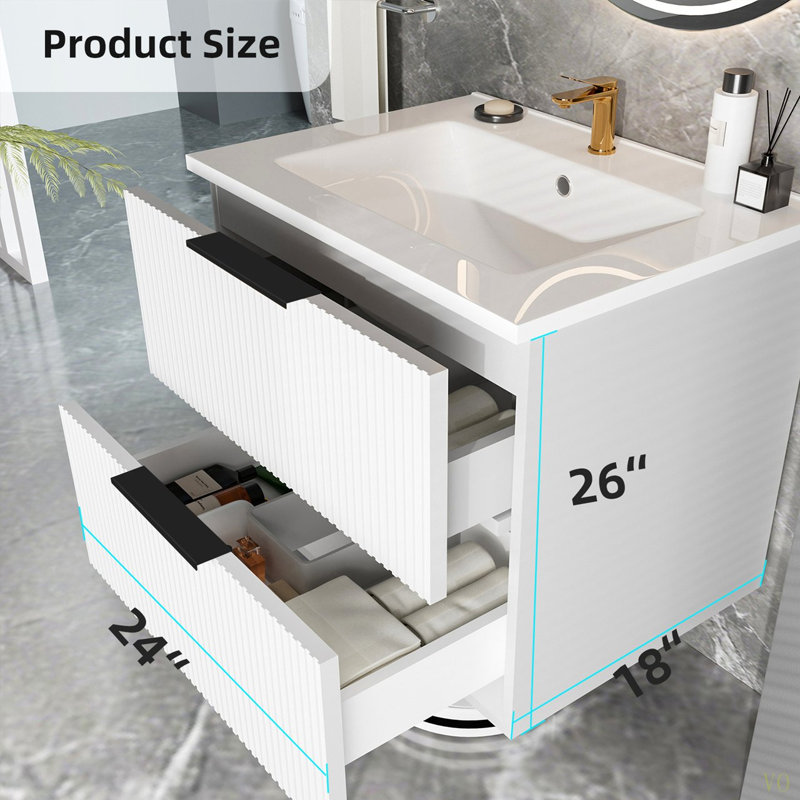 Meuble-lavabo 24 po avec lavabo en céramique - Meuble-lavabo mural flottant cannelé avec tiroirs, Blanc mat, 24"