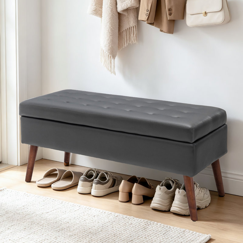 Banc de rangement avec accoudoirs 43,3 po avec pieds en bois, Gris, Brun
