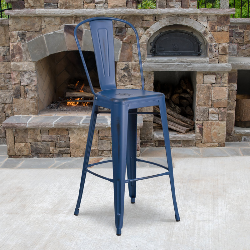 Commercial Grade Distressed Metal Indoor-Outdoor Counter Height Stool with Back, Antique Blue, Bar Stool (30" Seat Height)