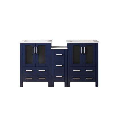 60 po Meuble-lavabo double large bleu marine équipé d'une armoire latérale, plateau en céramique blanche, structure en bois massif, système de fermeture en douceur, deux armoires intérieures pour le rangement, sept tiroirs, Scratch and Stain